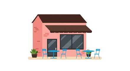 Cute Pink Cafe with Outdoor Seating Vector Illustration Graphic
