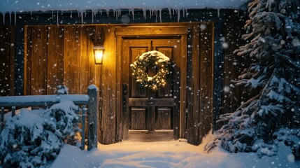 Cozy Winter Cabin Entrance: A Christmas Eve Scene