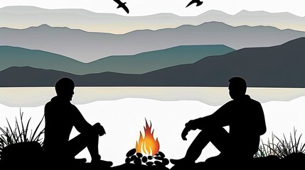 Obraz premium Black vector design of friends sitting around a campfire on a lake with mountains
