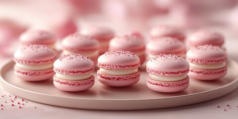 Obraz premium Delightful pink macarons arranged on a round plate, perfect for a sweet gathering or celebration