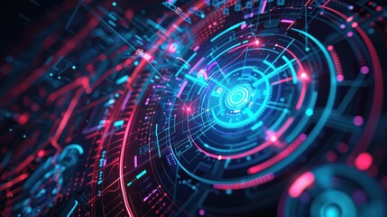 Obraz premium Futuristic holographic circular display with data matrix encrypted display background. Generated AI