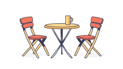 Simple cartoon illustration of a small round table with two chairs.  Interior scene. Possible use Children's book illustration