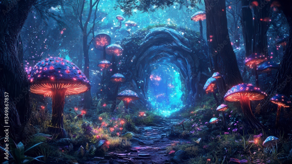 Poster enchanted forest path: a mesmerizing view of a mystical forest, illuminated by glowing mushrooms and