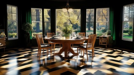 Obraz premium Cozy dining room with a view. Sunlight streams into a formal dining area, featuring a round table and chairs, and large windows overlooking a tranquil garden