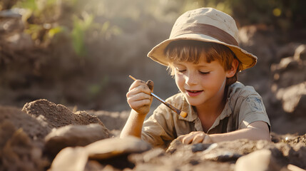 Curious Boy in Safari Hat Unearthing Fossil at Excavation Site