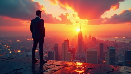 Fototapeta premium Businessman standing on futuristic cityscape at sunset, innovation, progress