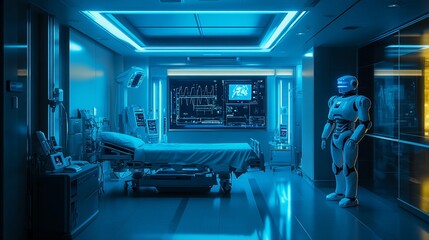 Futuristic hospital room with robot and patient bed.