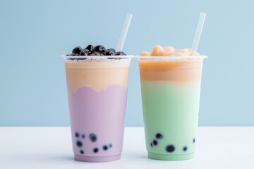 Two cups of different colored drinks with straws in them. One is purple and the other is green