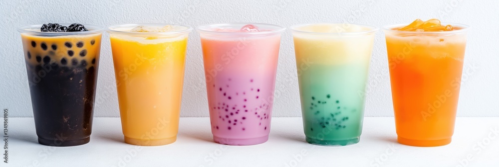 Poster five cups of different colored drinks with a lot of colorful beads in them. the drinks are in a row 