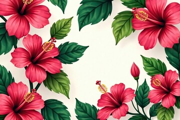 Bold hibiscus flowers, stylized leaves, seamless design , leaves, Hibiscus