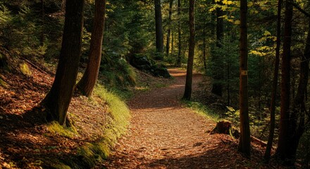 Fototapeta premium Sunlit forest path with autumn leaves on ground, surrounded by tall trees