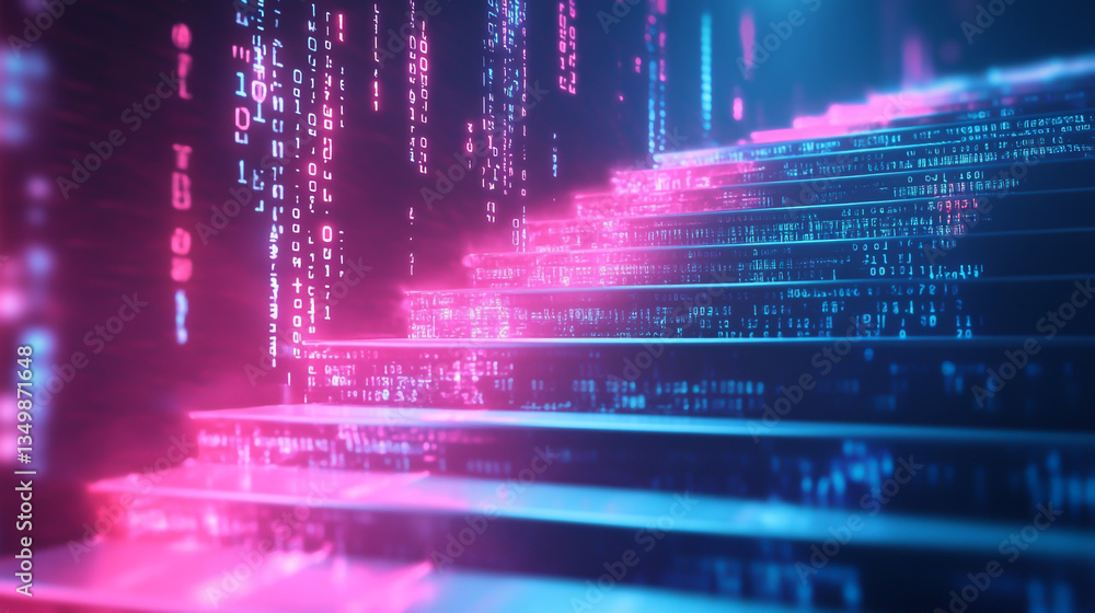 Aufkleber a digital stairway with binary code cascading down in pink and blue neon colors and glowing lights