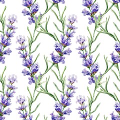 Fototapeta premium Lavender flowers and leaves seamless pattern. Hand drawn watercolor illustration isolated on white. For textile, covers, fabric, wrapping paper, wallpaper.