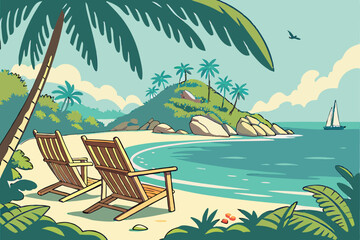 Fototapeta premium 55 Tropical paradise, two wooden lounge chairs, crystal clear turquoise water, palm trees, small island, rocky shore, calm ocean, sailboat in distance, serene beach scene, lush vegetation, sunny day, 