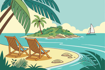 55 Tropical paradise, two wooden lounge chairs, crystal clear turquoise water, palm trees, small island, rocky shore, calm ocean, sailboat in distance, serene beach scene, lush vegetation, sunny day, 