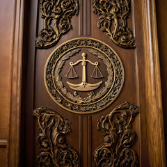 Courtroom Wooden Door with Engraved Justice Symbol

