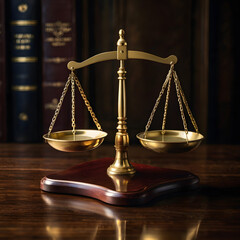 Balanced Brass Scales of Justice on a Wooden Desk
