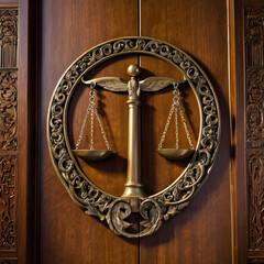 Courtroom Wooden Door with Engraved Justice Symbol
