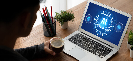 AI ethics responsibility standard law and rules on computer screen provide report of AI ethic transparency preventing technology crime. brisk