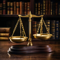 Balanced Brass Scales of Justice on a Wooden Desk
