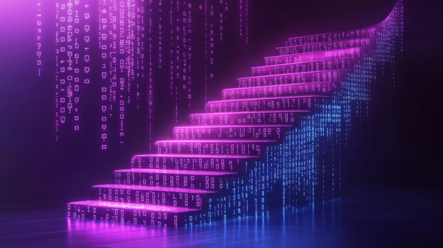 A digital staircase illuminated in purple and blue with binary code falling from above in a dark space