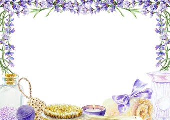 Lavender SPA frame. With flower branches, towel, candle, massage brush, bath salt. Hand drawn watercolor illustration isolated on white. For greeting cards, invitations, labels, certificates.