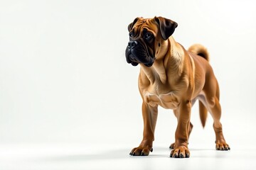 Majestic Mastiff, powerful stance, white background, guard dog, pet, portrait