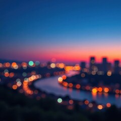 Cityscape at dusk with blurred lights and abstract circular bokeh on a deep blue background , evening scene, blurry effect