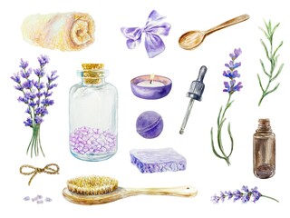 Lavender SPA set. Bath salt, towel, candle, soap, bath bomb, flower bouquet, massage brush, bottle with oil, pipette. Hand drawn watercolor illustration isolated. For invitations, certificates, labels