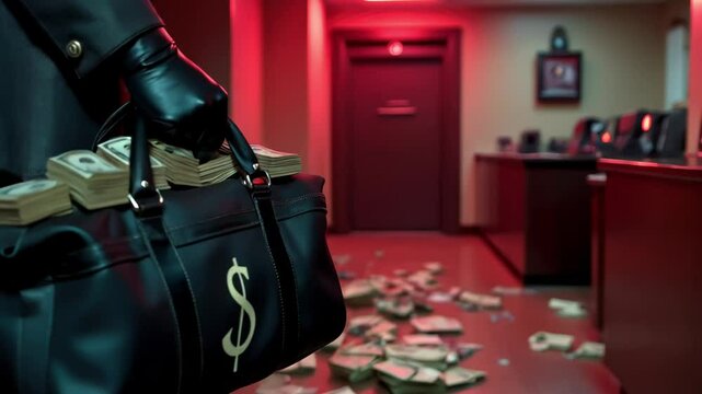 Intriguing heist activity in an upscale hotel corridor with cash strewn around and bags ready for an escape Generative AI