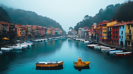 Fototapeta premium Bustling Fishing Village with Colorful Boats Docked Along the Harbor