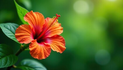 Vibrant tropical hibiscus & palm, bright orange & green , illustration, floral textile, texture