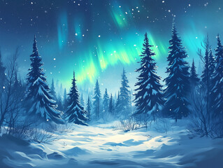 Naklejka premium Aurora borealis over a snowy winter landscape
