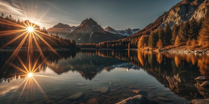 Sunrise over mountain lake reflective calm waters nature landscape photography serene environment golden light concept
