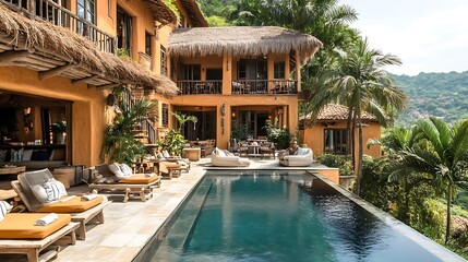 Bustling Tropical Resort with Thatched-Roof Bar, Infinity Pool, and Guests Enjoying the Sun