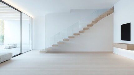 Modern home interior, open concept living room, glass stairs