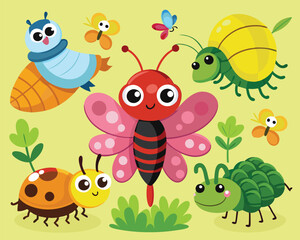 Fototapeta premium Cute Cartoon Insects Illustration. Adorable Bug Characters in a Garden Setting