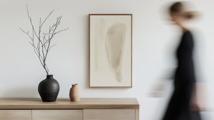 closeup detail, contemporary interior designer office photo for magazine, with an art poster