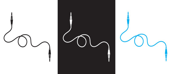 3.5 mm audio cable with jack socket icon set. AUX Male to Male plug audio cable.  3.5 mm stereo audio extension cable. Vector illustration.