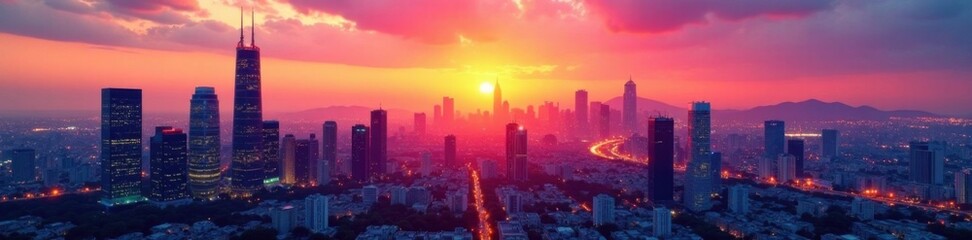 Fototapeta premium Colorful cityscape with towering skyscrapers at sunset, urban, cityscape