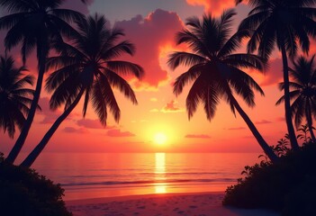 Obraz premium illuminated palm trees brilliant sunset backdrop tropical paradise silhouette, sky, clouds, landscape, evening, dusk, nature, beach, horizon, outdoors
