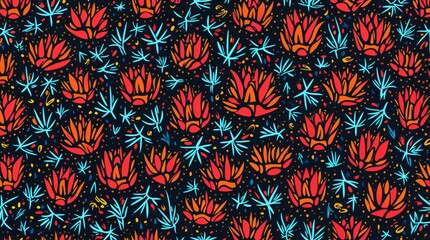 A bold, hand-drawn folk art floral pattern with red and blue hues on a dark background. Vibrant and striking, perfect for textiles, design, and creative branding.
