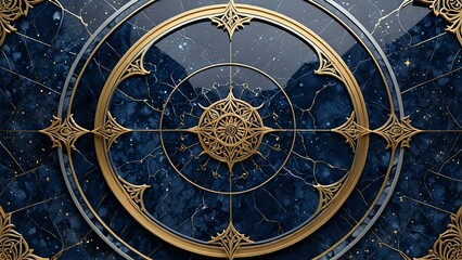 Naklejka premium A rich navy blue marble background with silver and gold veins, reflecting the beauty of Islamic geometric art and the night sky.