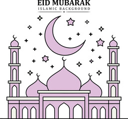 Eid Mubarak Islamic Background with Mosque Moon and Stars, Vector Icon Illustration, Flat  Style