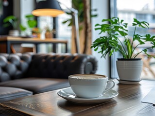 White ceramic coffee cup filled with hot cappuccino placed on wooden table in cozy café setting. Modern interior with leather sofa, green plant, and warm ambient lighting enhancing atmosphere.