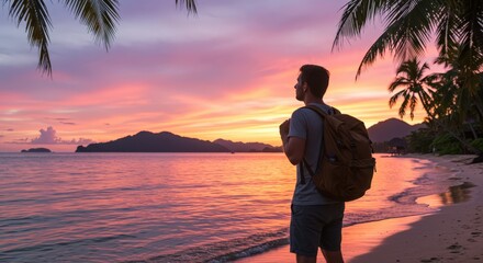 Fototapeta premium Man admiring colorful ocean sunset on beach with palm trees. Young man traveling with backpack during vacation. Travel Day, Relaxation, Wanderlust Concept. Paradise view.