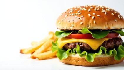 Close-up of greasy burger and fries on white background , greasy, savory, fries