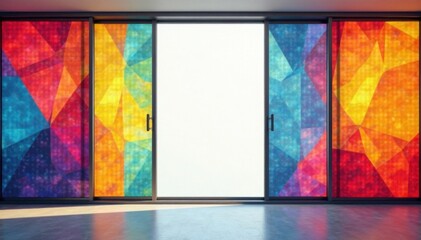 Colorful sliding panels with geometric patterns, vibrant, minimalist