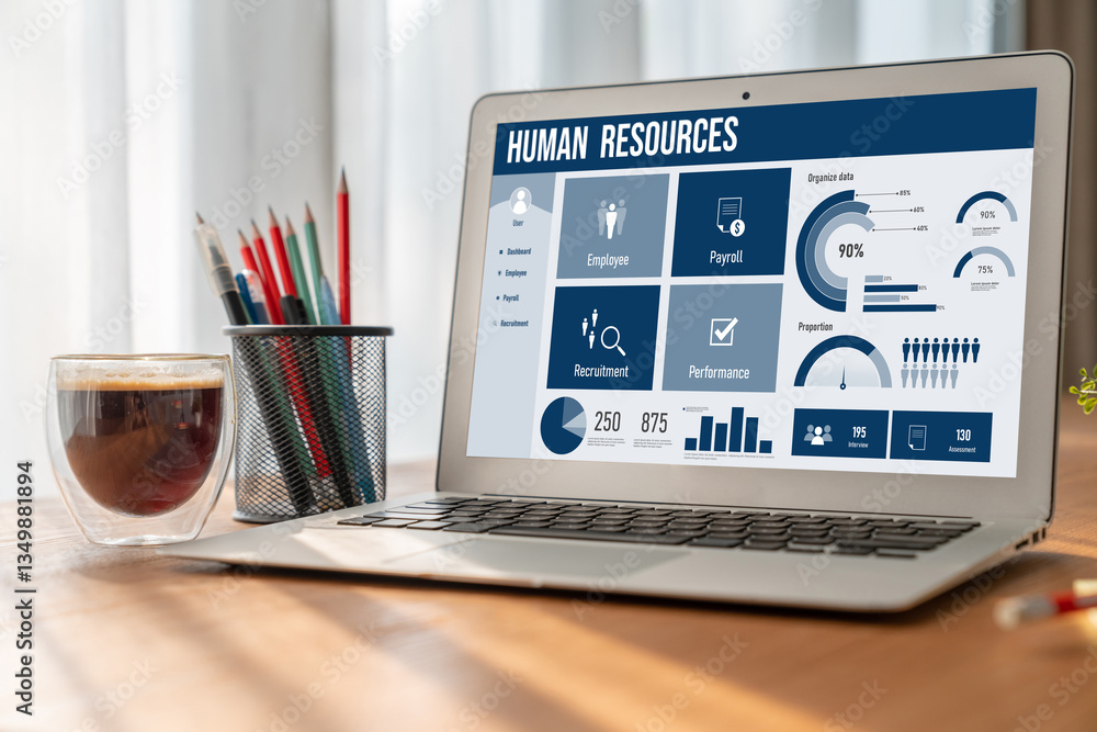 Poster human resources management software on computer screen helping human resources employee to manage re