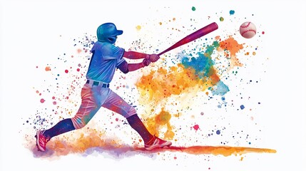 Baseball player swinging bat, colorful splash, action shot, sports graphic